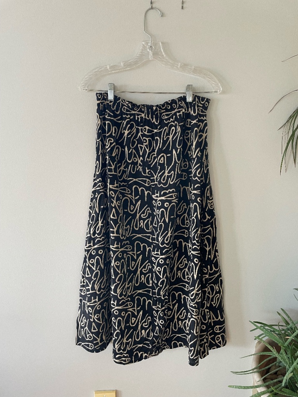 MENG DESIGN Scribble Print A-Line Midi Skirt Black White Artsy Skirt Size M